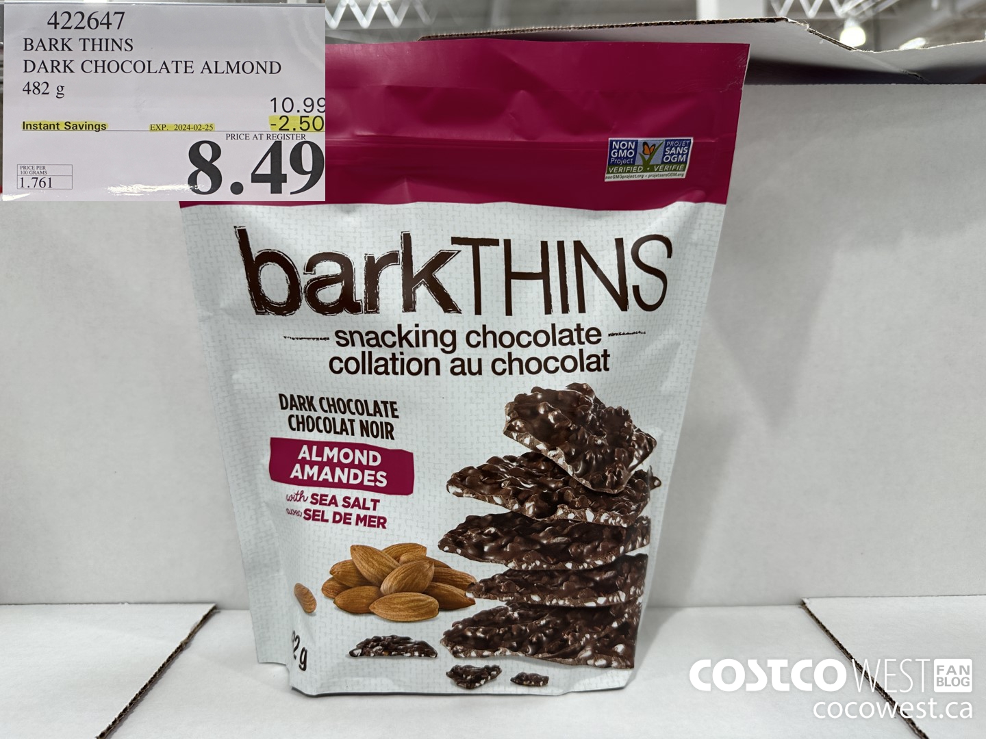 422647 BARK THINS DARK CHOCOLATE ALMOND 482 g ($2.50 INSTANT SAVINGS EXPIRES ON 2024-02-25) $8.49