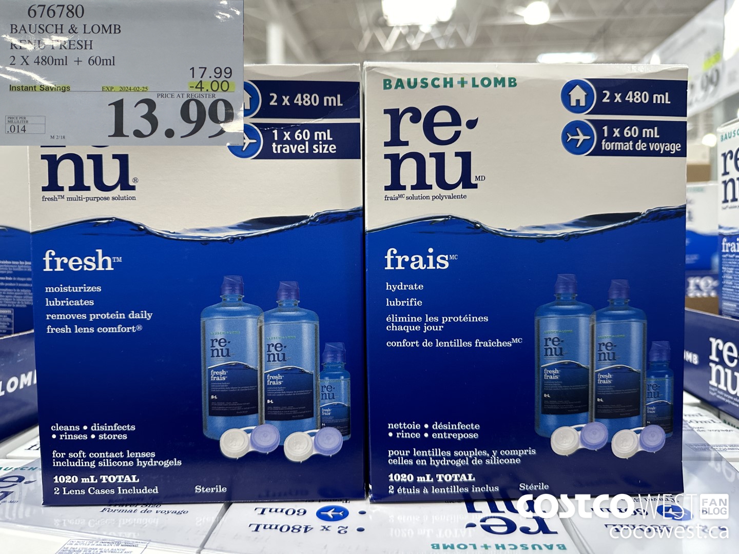 676780 BAUSCH & LOMB RENU FRESH 2 X 480ML + 60ML ($4.00 INSTANT SAVINGS EXPIRES ON 2024-02-25) $13.99