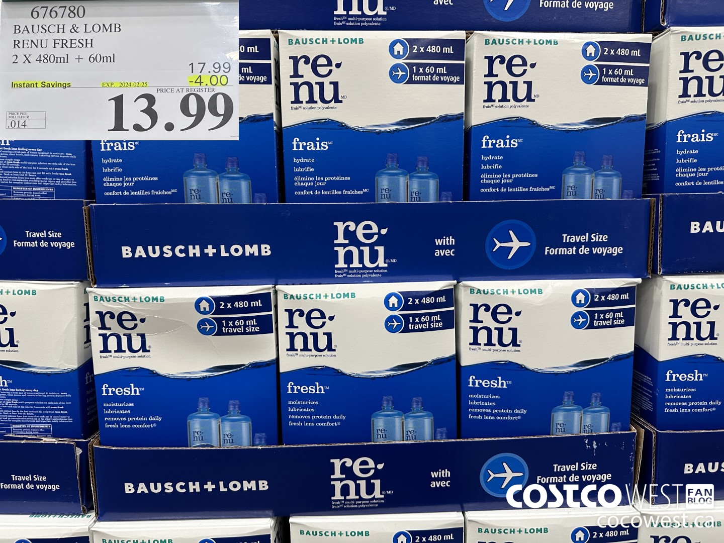 676780 BAUSCH & LOMB RENU FRESH 2 X 480ML + 60ML ($4.00 INSTANT SAVINGS EXPIRES ON 2024-02-25) $13.99