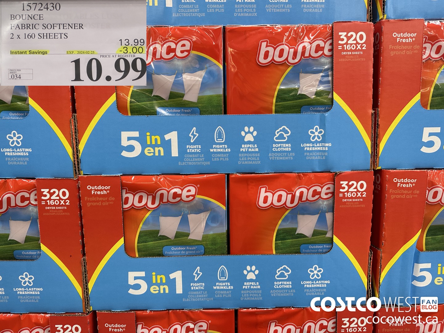 1572430 BOUNCE FABRIC SOFTENER 2 X 160 SHEETS ($3.00 INSTANT SAVINGS EXPIRES ON 2024-02-25) $10.99