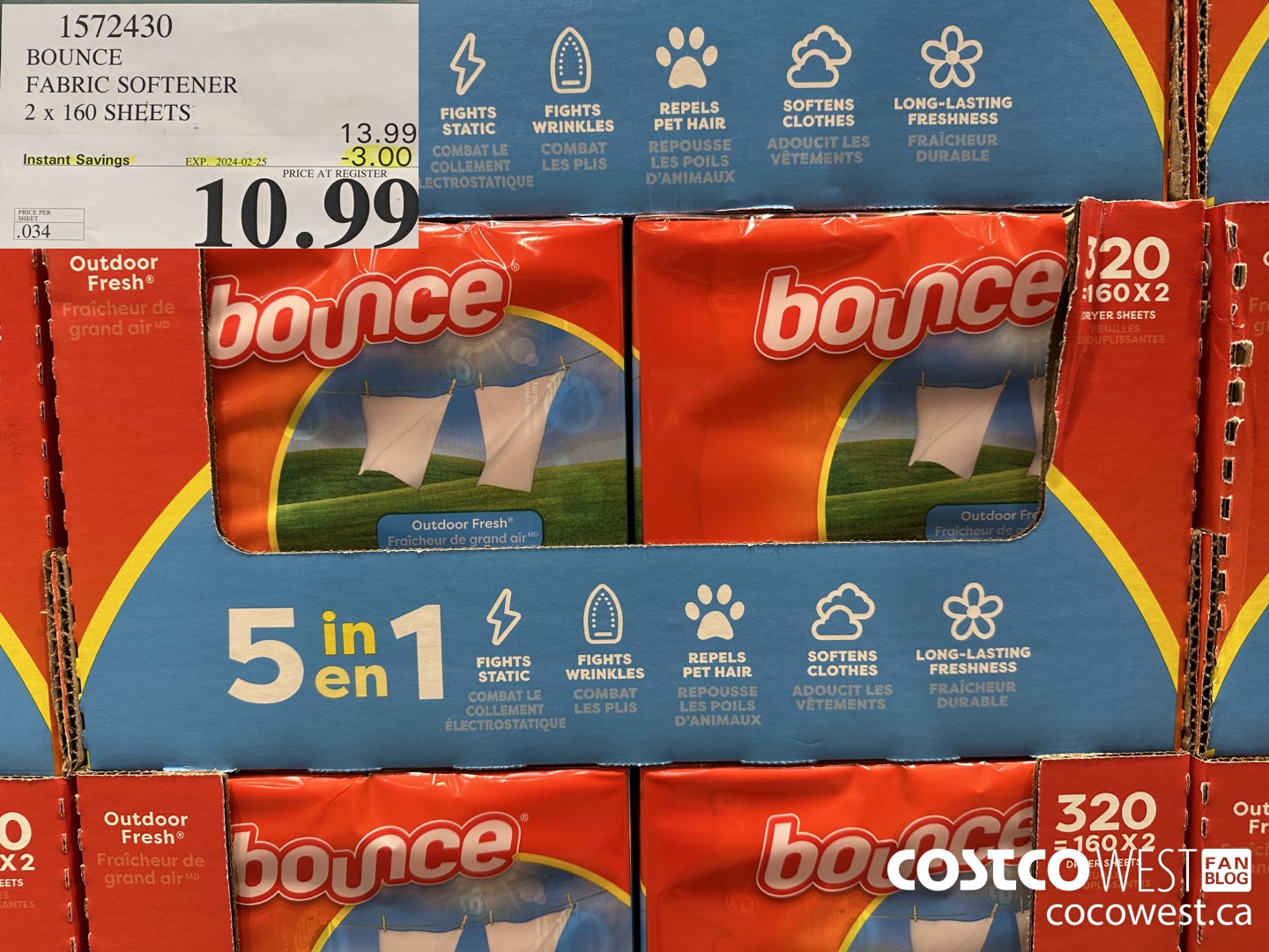 1572430 BOUNCE FABRIC SOFTENER 2 X 160 SHEETS ($3.00 INSTANT SAVINGS EXPIRES ON 2024-02-25) $10.99