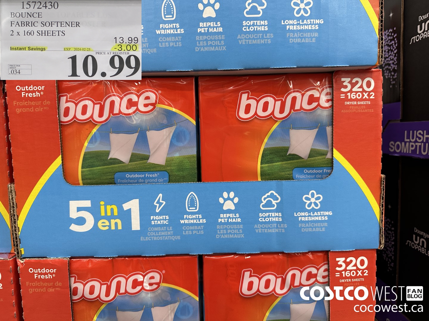 1572430 BOUNCE FABRIC SOFTENER 2 X 160 SHEETS ($3.00 INSTANT SAVINGS EXPIRES ON 2024-02-25) $10.99