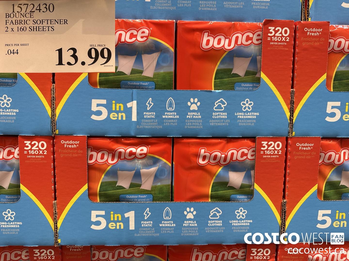 1572430 BOUNCE FABRIC SOFTENER 2 X 160 SHEETS $13.99
