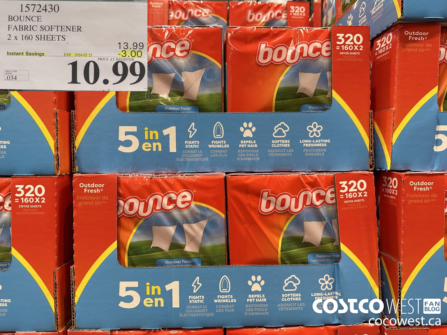 1572430 BOUNCE FABRIC SOFTENER 320 sheets ($3.00 INSTANT SAVINGS EXPIRES ON 2024-02-25) $10.99
