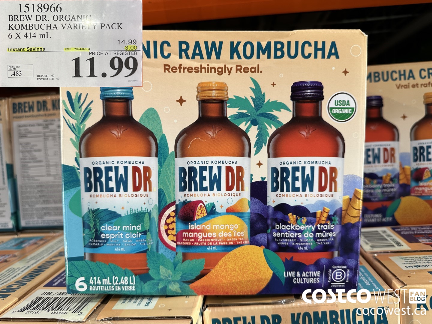 1518966 BREW DR. ORGANIC KOMBUCHA VARIETY PACK 6 X 414 mL ($3.00 INSTANT SAVINGS EXPIRES ON 2024-02-04) $11.99