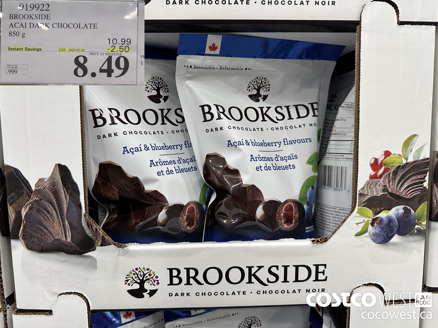919922 BROOKSIDE ACAI DARK CHOCOLATE 850 g ($2.50 INSTANT SAVINGS EXPIRES ON 2024-02-18) $8.49