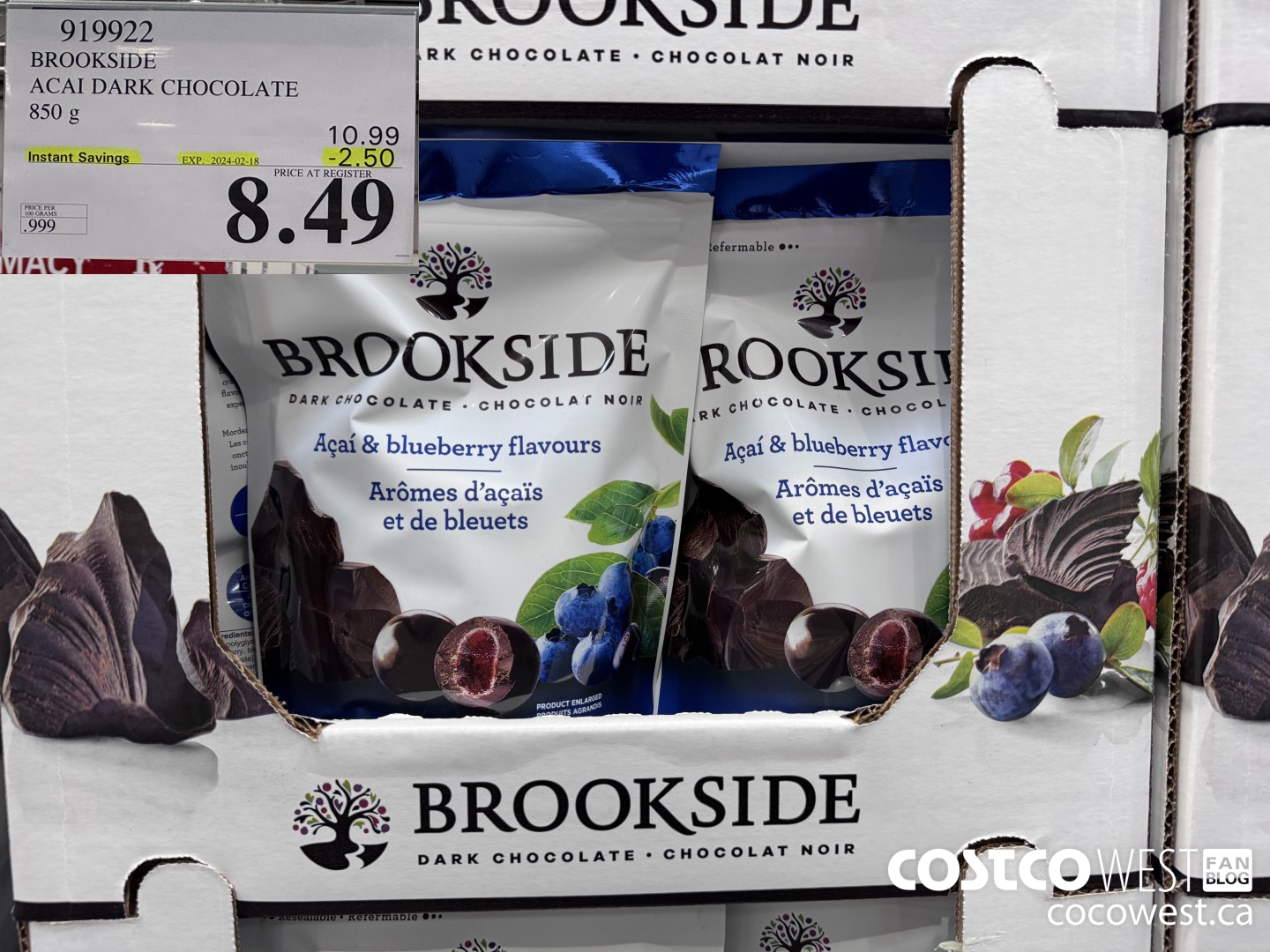 919922 BROOKSIDE ACAI DARK CHOCOLATE 850 g ($2.50 INSTANT SAVINGS EXPIRES ON 2024-02-18) $8.49