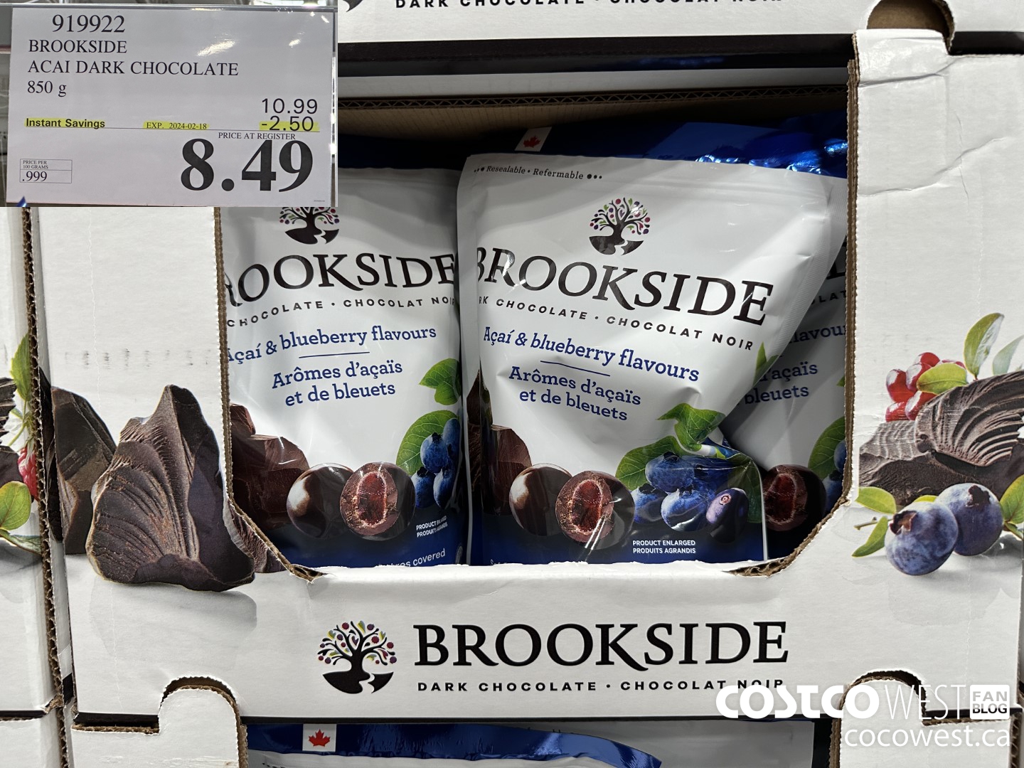 919922 BROOKSIDE ACAI DARK CHOCOLATE 850 g ($2.50 INSTANT SAVINGS EXPIRES ON 2024-02-18) $8.49
