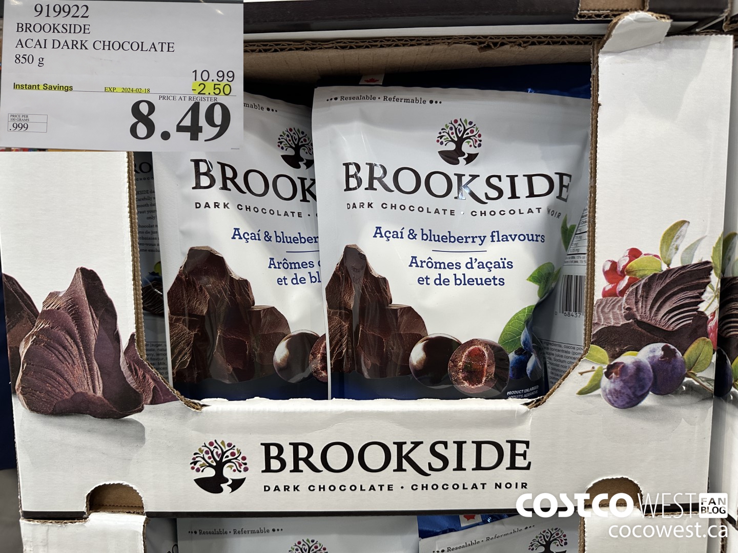 919922 BROOKSIDE ACAI DARK CHOCOLATE 850 g ($2.50 INSTANT SAVINGS EXPIRES ON 2024-02-18) $8.49