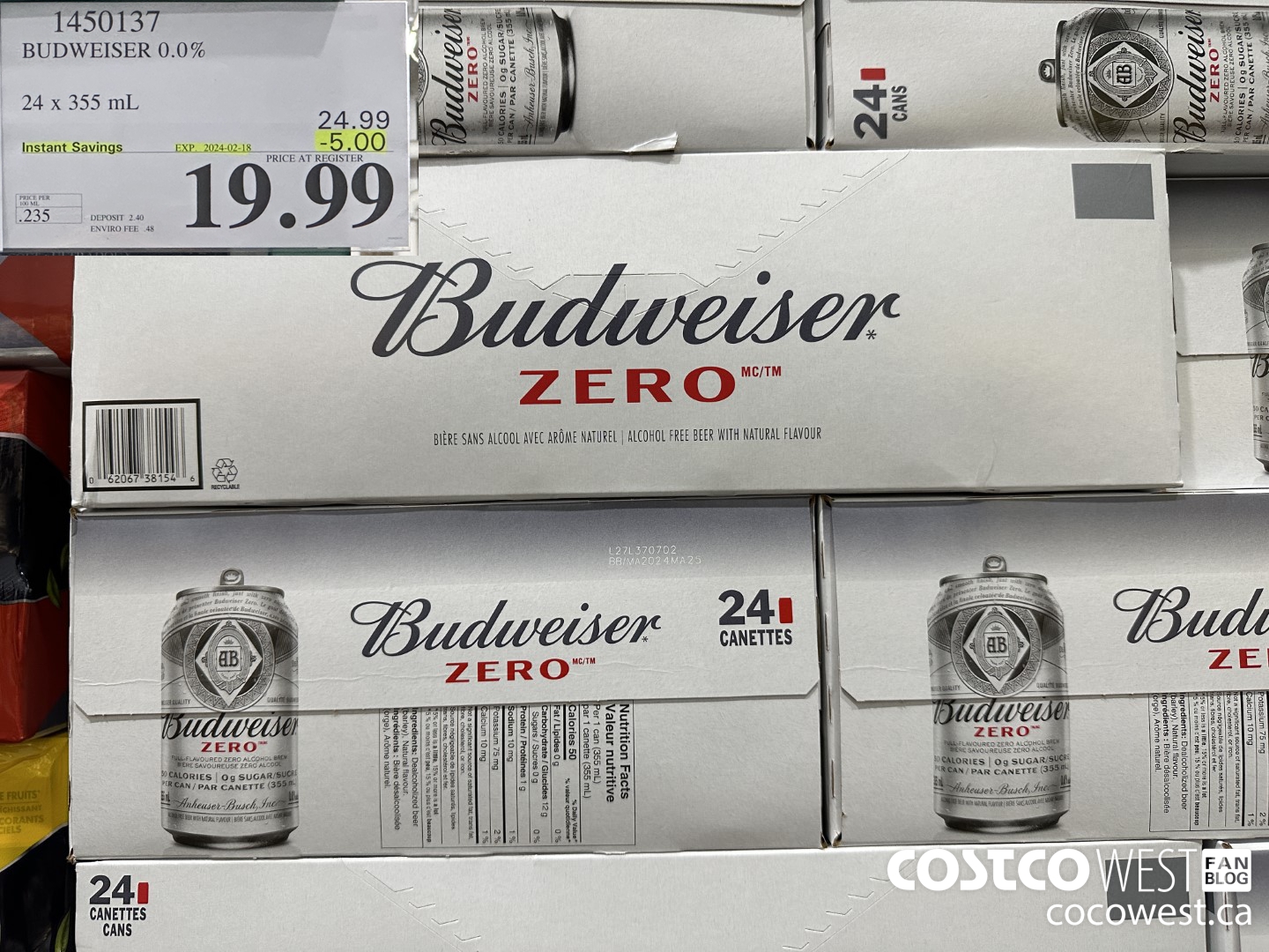1450137 BUDWEISER 0.0% 24 x 355 mL ($5.00 INSTANT SAVINGS EXPIRES ON 2024-02-18) $19.99