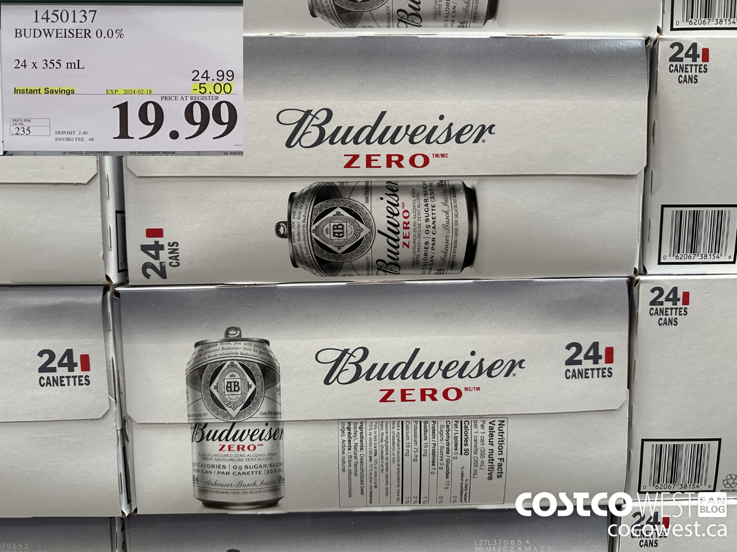 1450137 BUDWEISER 0.0% 24 x 355 mL ($5.00 INSTANT SAVINGS EXPIRES ON 2024-02-18) $19.99