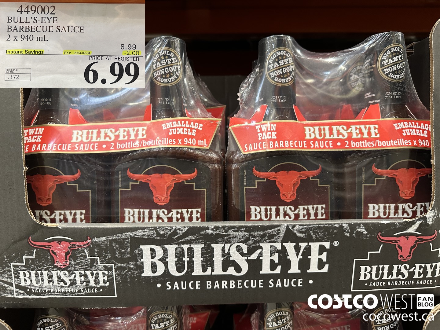 449002 BULLSEYE ORIGINAL BARBECUE SAUCE 2 X 940ML ($2.00 INSTANT SAVINGS EXPIRES ON 2024-02-04) $6.99