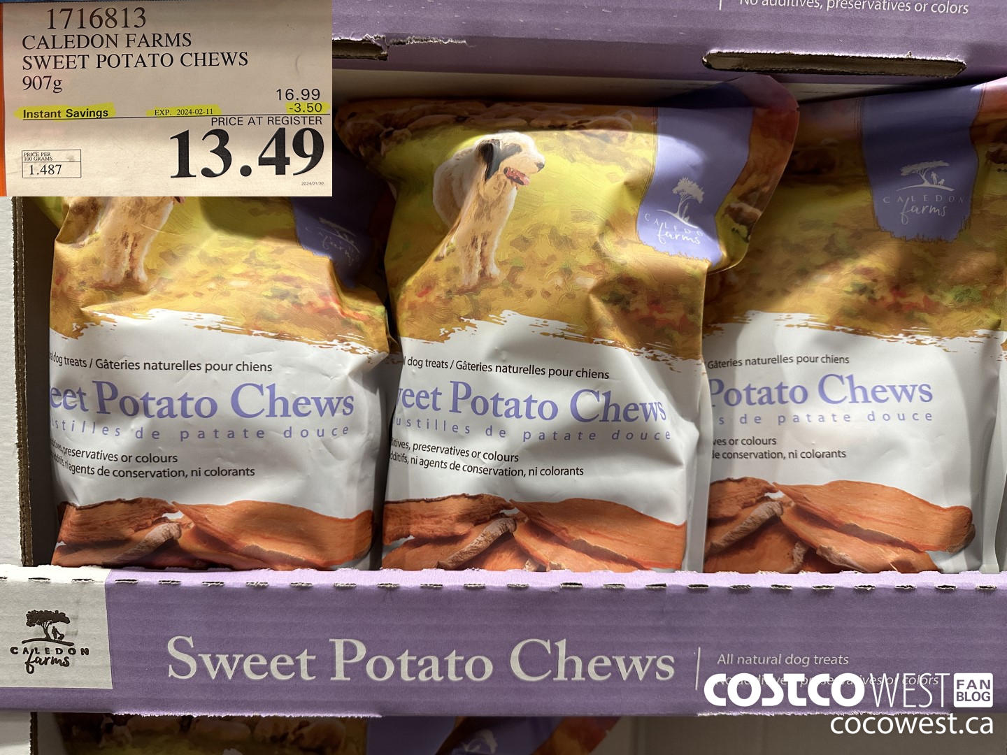 1716813 CALEDON FARMS SWEET POTATO CHEWS 907G ($3.50 INSTANT SAVINGS EXPIRES ON 2024-02-11) $13.49