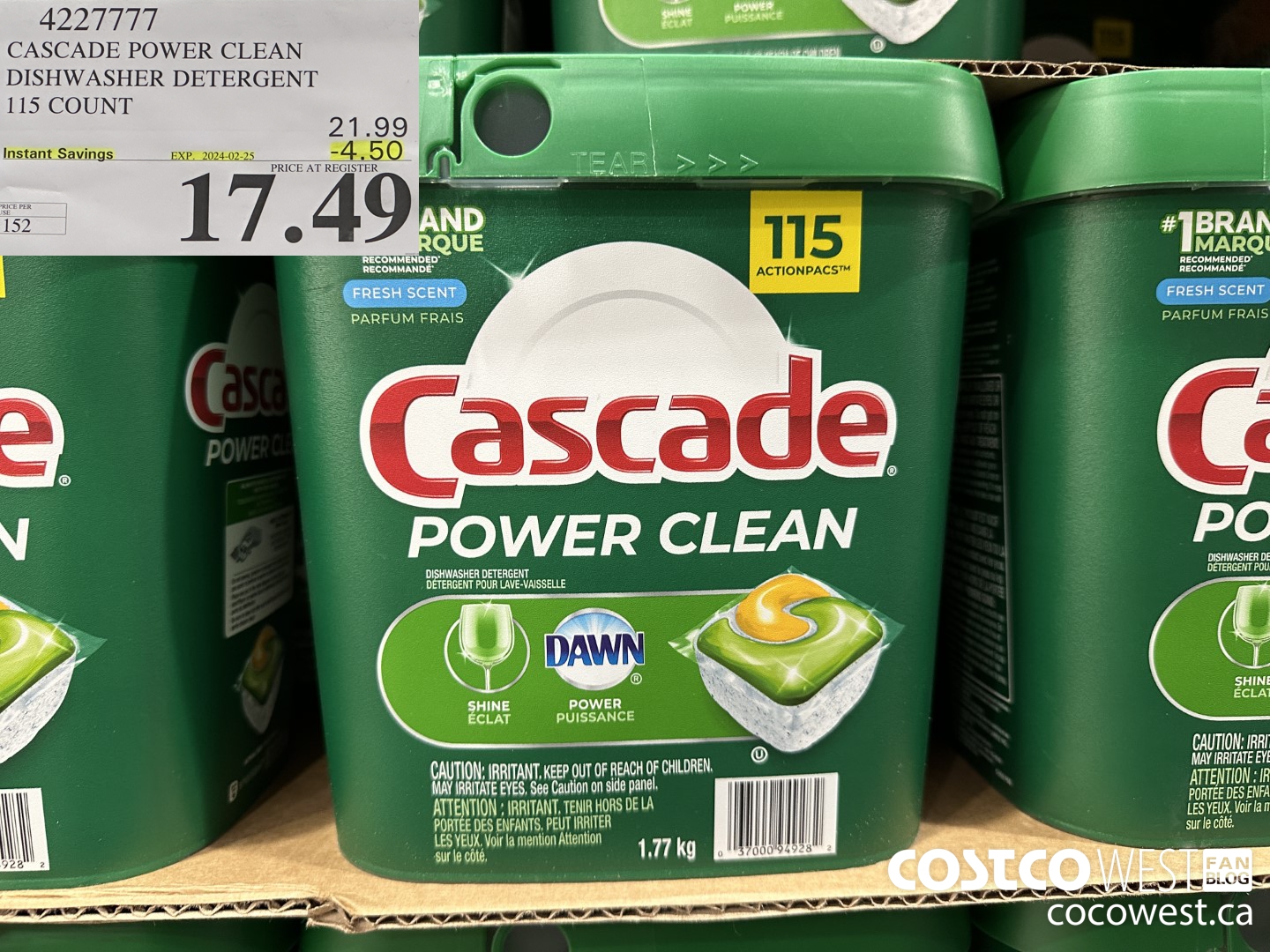 4227777 CASCADE POWER CLEAN DISHWASHER DETERGENT 115 COUNT ($4.50 INSTANT SAVINGS EXPIRES ON 2024-02-25) $17.49