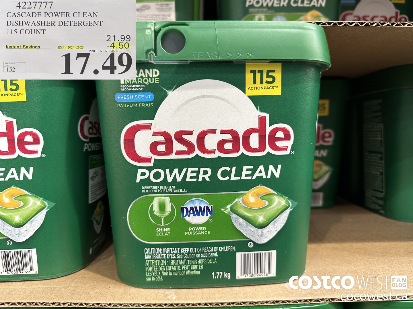 4227777 CASCADE POWER CLEAN DISHWASHER DETERGENT 115 COUNT ($4.50 INSTANT SAVINGS EXPIRES ON 2024-02-25) $17.49