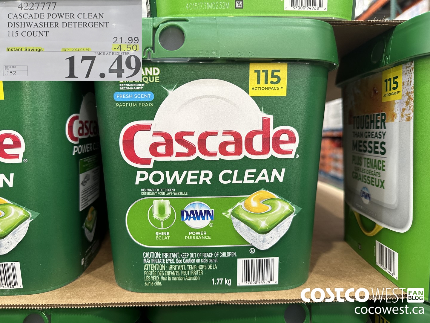 4227777 CASCADE POWER CLEAN DISHWASHER DETERGENT 115 COUNT ($4.50 INSTANT SAVINGS EXPIRES ON 2024-02-25) $17.49