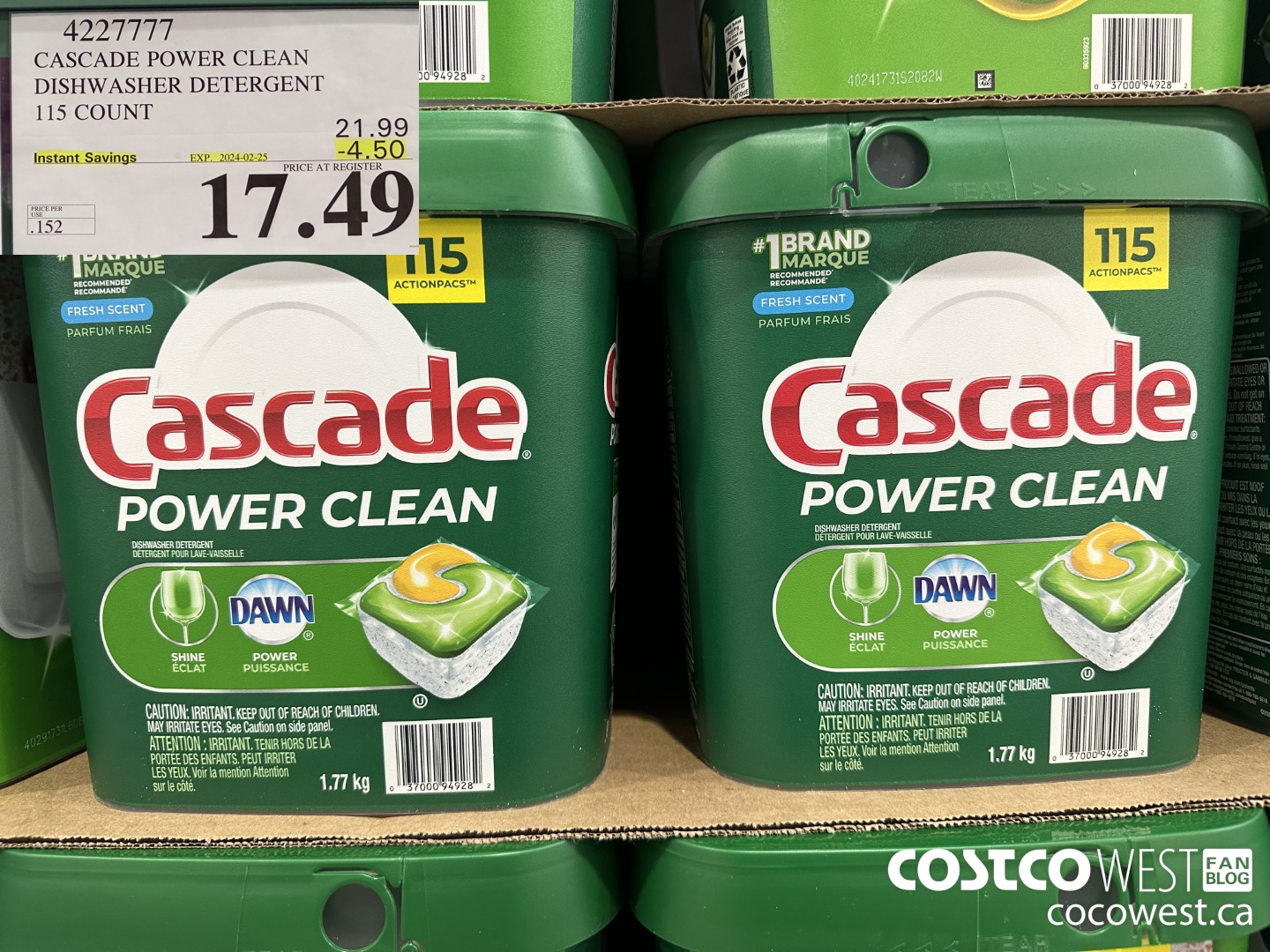 4227777 CASCADE POWER CLEAN DISHWASHER DETERGENT 115 COUNT ($4.50 INSTANT SAVINGS EXPIRES ON 2024-02-25) $17.49