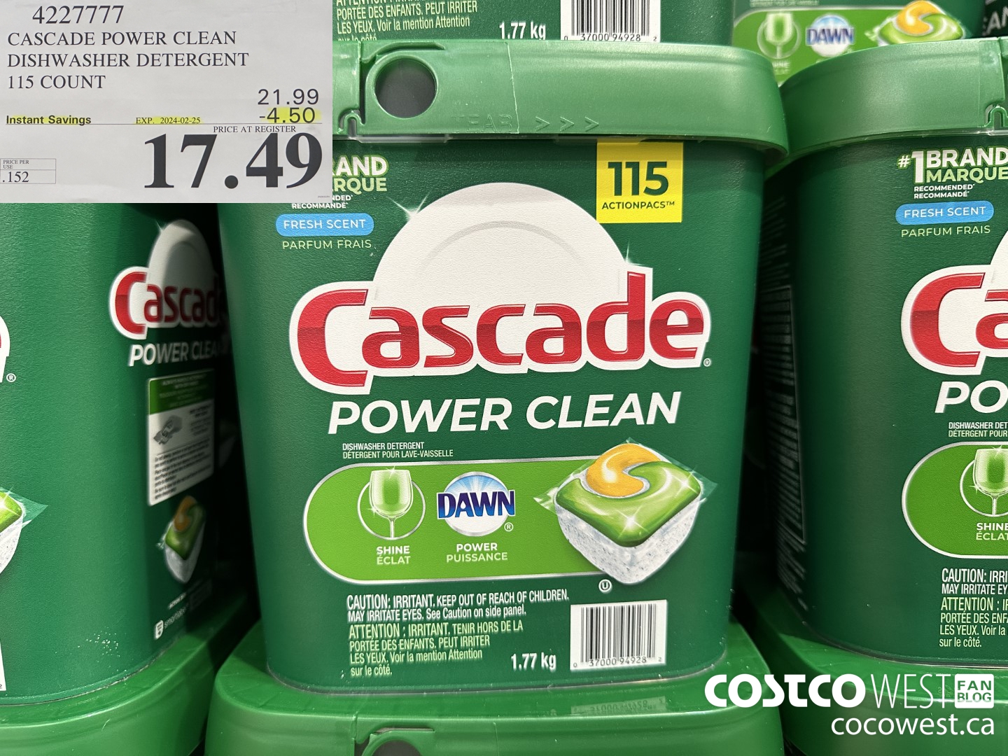 4227777 CASCADE POWER CLEAN DISHWASHER DETERGENT 115 COUNT ($4.50 INSTANT SAVINGS EXPIRES ON 2024-02-25) $17.49