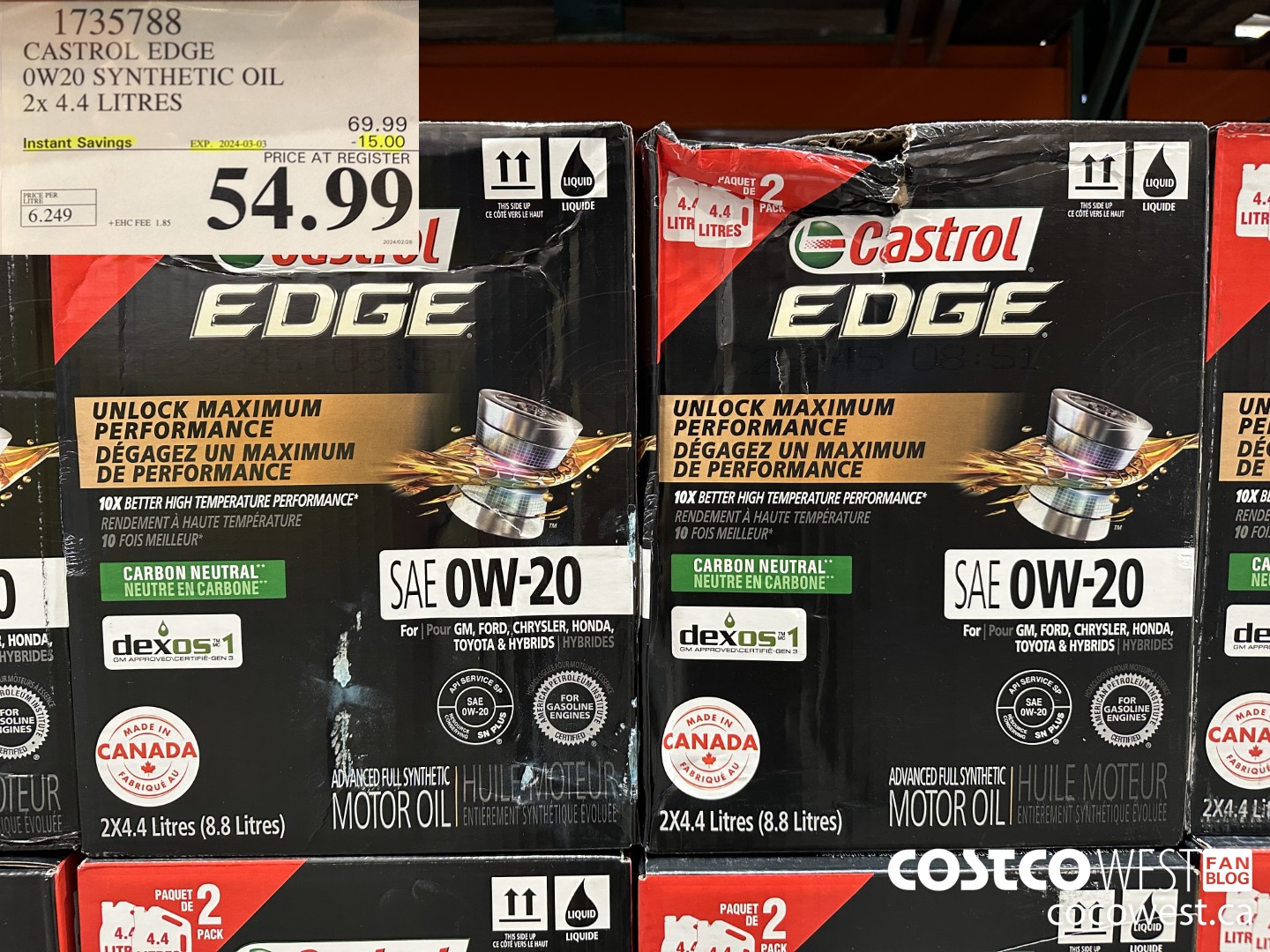 1735788 CASTROL EDGE 0W20 SYNTHETIC OIL 2 X 4.4 LITRES ($15.00 INSTANT SAVINGS EXPIRES ON 2024-03-03) $54.99