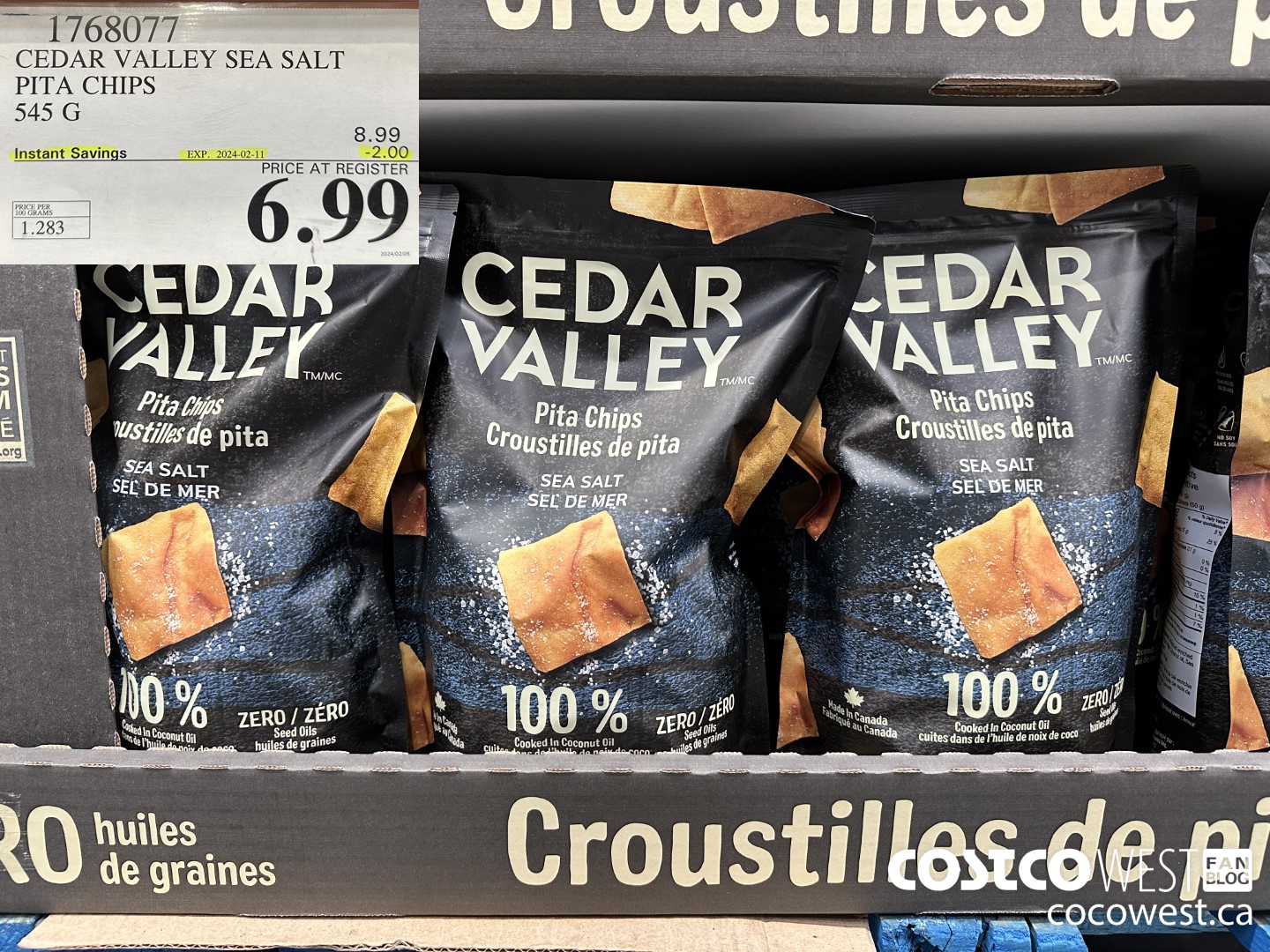 1768077 CEDAR VALLEY SEA SALT PITA CHIPS 545 G ($2.00 INSTANT SAVINGS EXPIRES ON 2024-02-11) $6.99