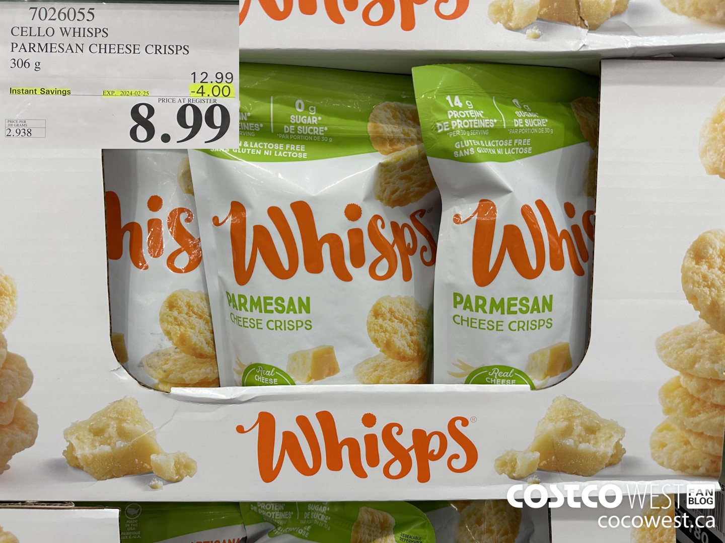 7026055 CELLO WHISPS PARMESAN CHEESE CRISPS 306G ($4.00 INSTANT SAVINGS EXPIRES ON 2024-02-25) $8.99