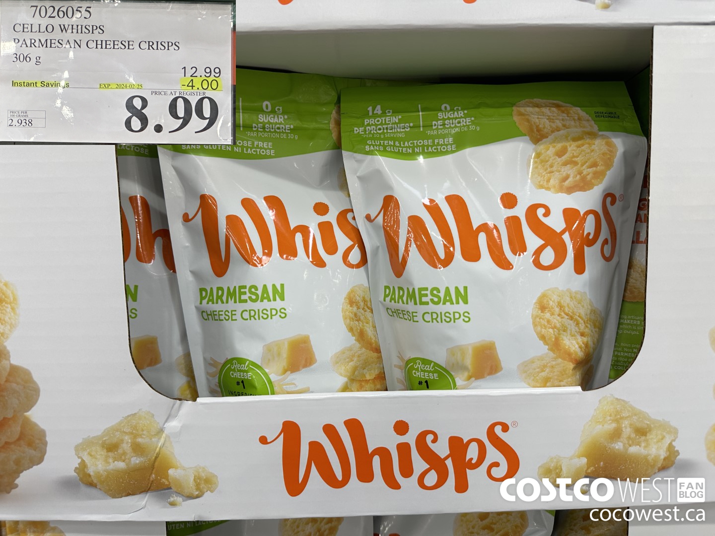 7026055 CELLO WHISPS PARMESAN CHEESE CRISPS 306G ($4.00 INSTANT SAVINGS EXPIRES ON 2024-02-25) $8.99