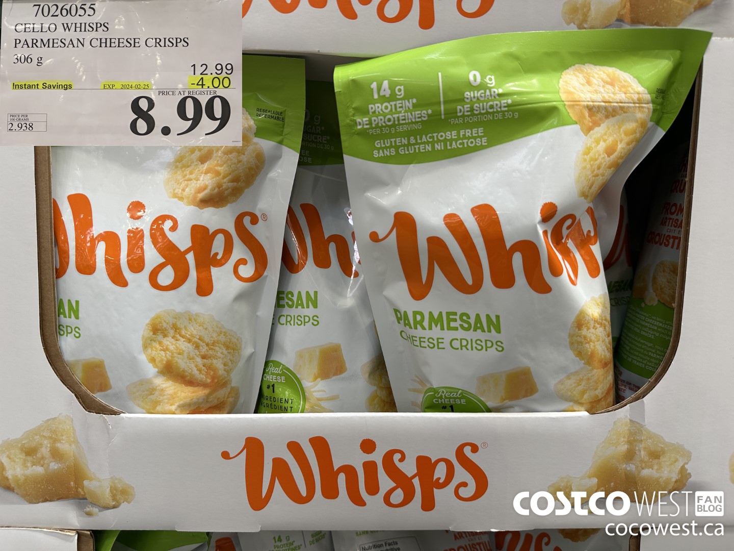 7026055 CELLO WHISPS PARMESAN CHEESE CRISPS 306G ($4.00 INSTANT SAVINGS EXPIRES ON 2024-02-25) $8.99