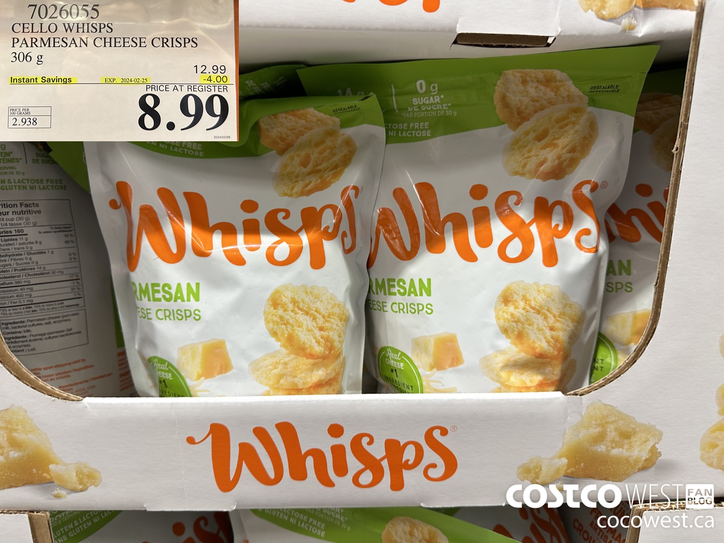 7026055 CELLO WHISPS PARMESAN CHEESE CRISPS 306G ($4.00 INSTANT SAVINGS EXPIRES ON 2024-02-25) $8.99