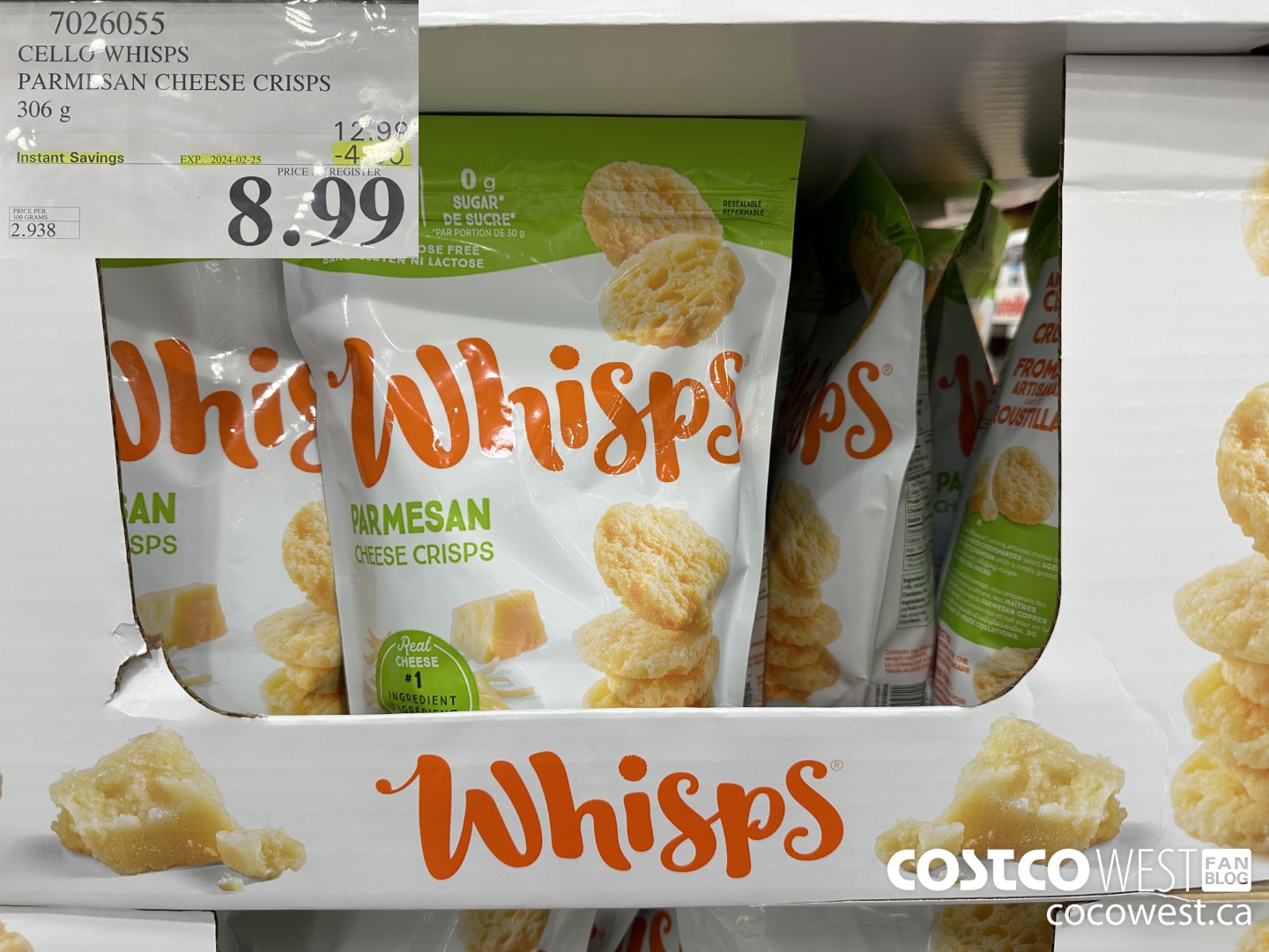 7026055 CELLO WHISPS PARMESAN CHEESE CRISPS 306G ($4.00 INSTANT SAVINGS EXPIRES ON 2024-02-25) $8.99