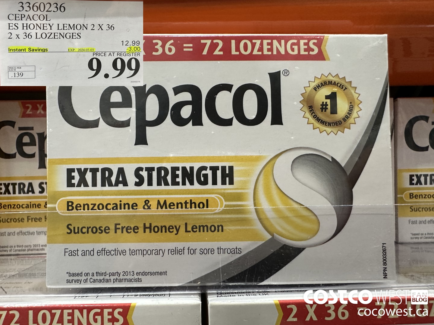 3360236 CEPACOL ES HONEY LEMON 2 X 36 LOZANGES ($3.00 INSTANT SAVINGS EXPIRES ON 2024-03-03) $9.99