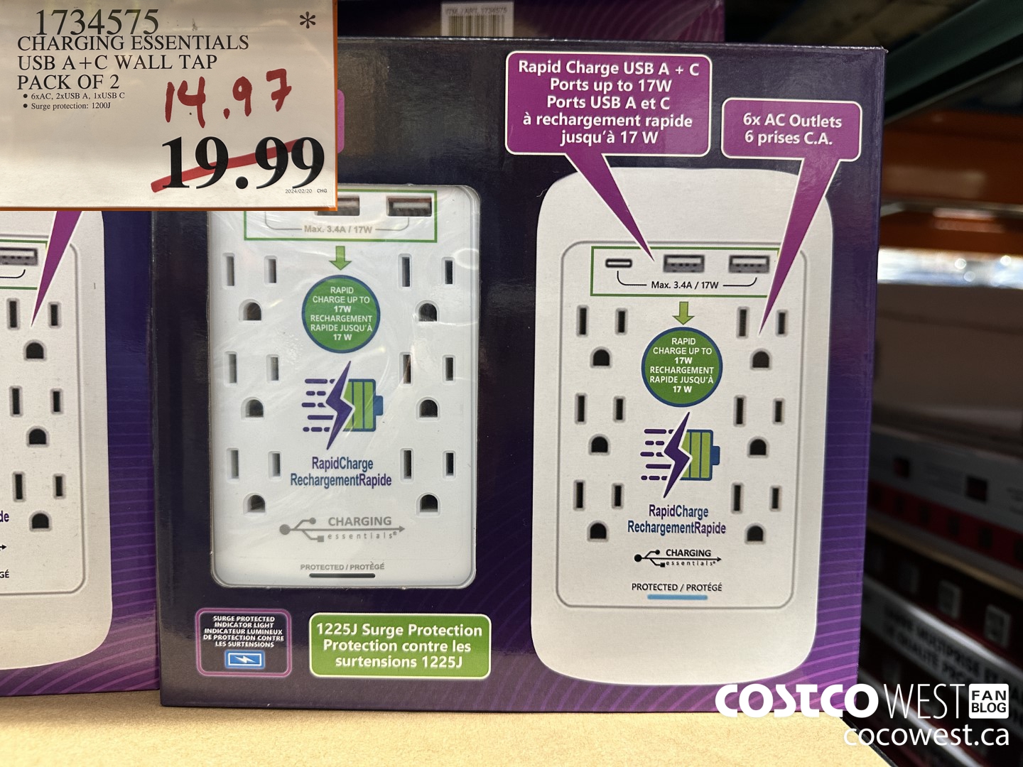 1734575 CHARGING ESSENTIALS USB A+C WALL TAP PACK OF 2 $14.97