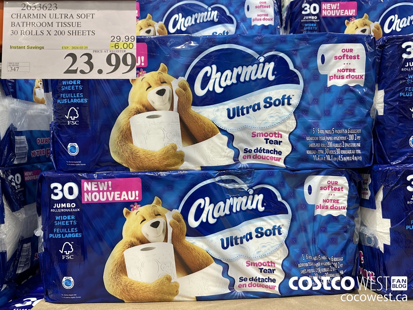 2633623 CHARMIN ULTRA SOFT BATHROOM TISSUE 30 ROLLS X 200 SHEETS ($6.00 INSTANT SAVINGS EXPIRES ON 2024-02-25) $23.99