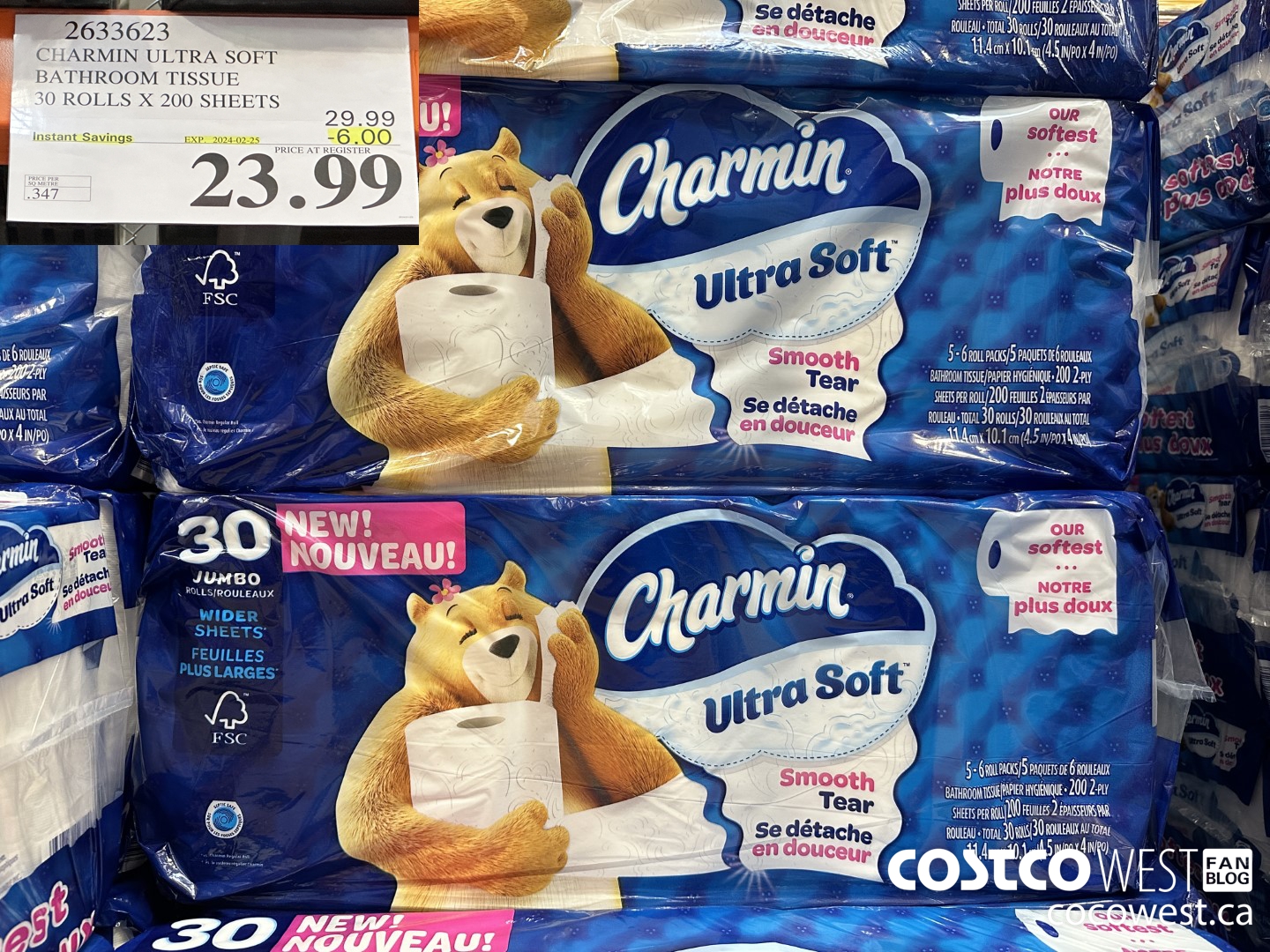 2633623 CHARMIN ULTRA SOFT BATHROOM TISSUE 30 ROLLS X 200 SHEETS ($6.00 INSTANT SAVINGS EXPIRES ON 2024-02-25) $23.99