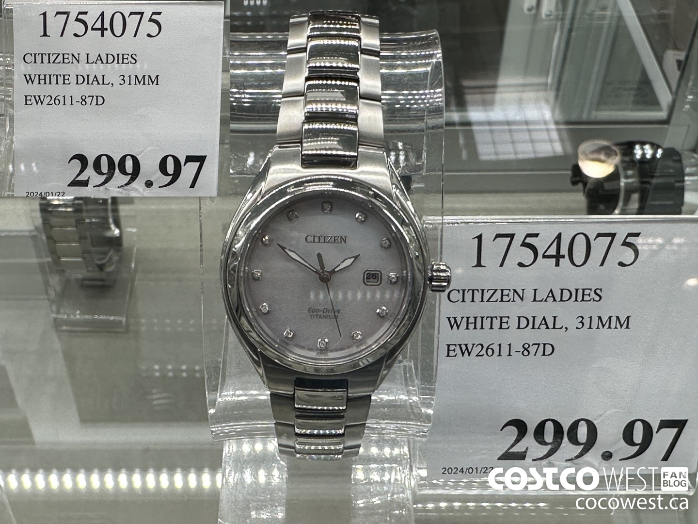 1754075 CITIZEN LADIES WHITE DIAL 31MM EW2611-87D $299.97