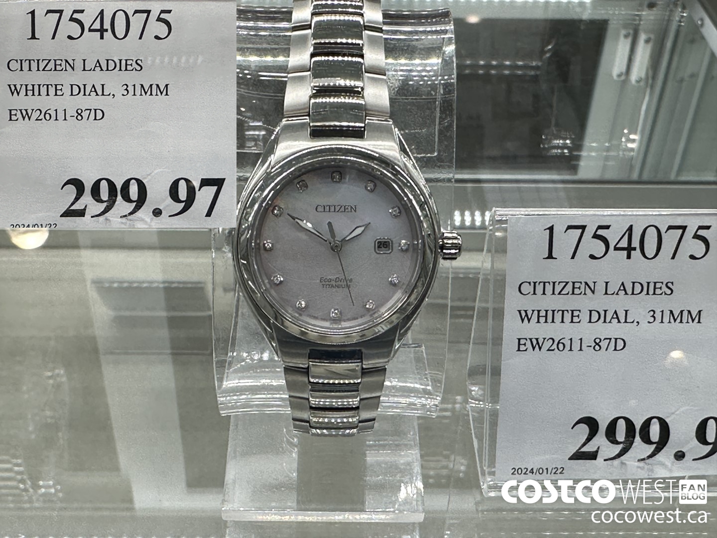 1754075 CITIZEN LADIES WHITE DIAL 31MM EW2611-87D $299.97