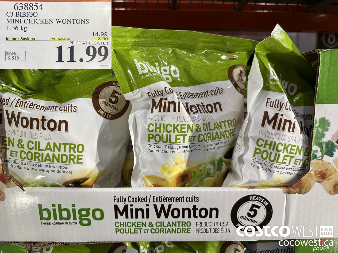 638854 CJ BIBIGO MINI CHICKEN WONTONS 1.36 KG ($3.00 INSTANT SAVINGS EXPIRES ON 2024-02-18) $11.99