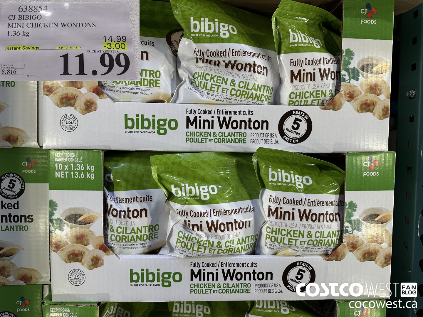 638854 CJ BIBIGO MINI CHICKEN WONTONS 1.36 KG ($3.00 INSTANT SAVINGS EXPIRES ON 2024-02-18) $11.99
