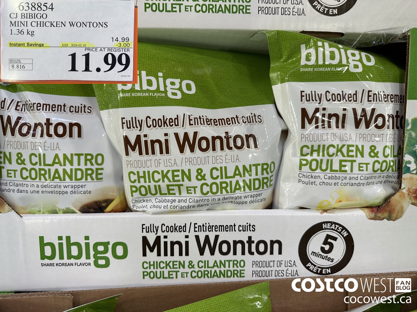 638854 CJ BIBIGO MINI CHICKEN WONTONS 1.36 KG ($3.00 INSTANT SAVINGS EXPIRES ON 2024-02-18) $11.99