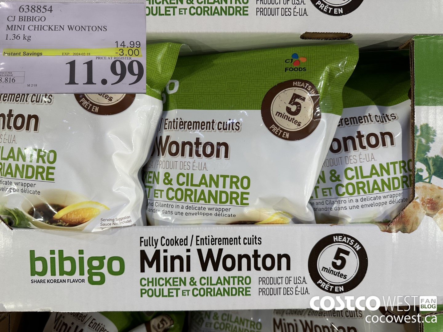 638854 CJ BIBIGO MINI CHICKEN WONTONS 1.36 KG ($3.00 INSTANT SAVINGS EXPIRES ON 2024-02-18) $11.99