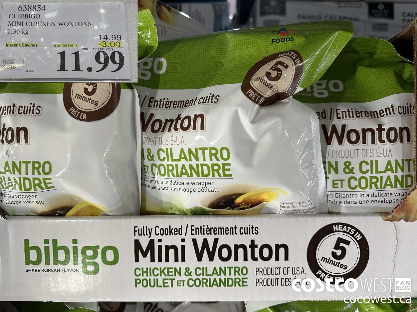 638854 CJ BIBIGO MINI CHICKEN WONTONS 1.36 KG ($3.00 INSTANT SAVINGS EXPIRES ON 2024-02-18) $11.99