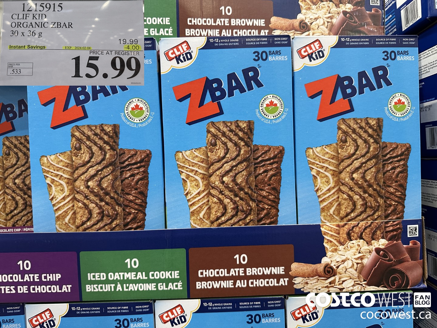 1215915 CLIF KID ORGANIC ZBAR 30 X 36G ($4.00 INSTANT SAVINGS EXPIRES ON 2024-02-04) $15.99
