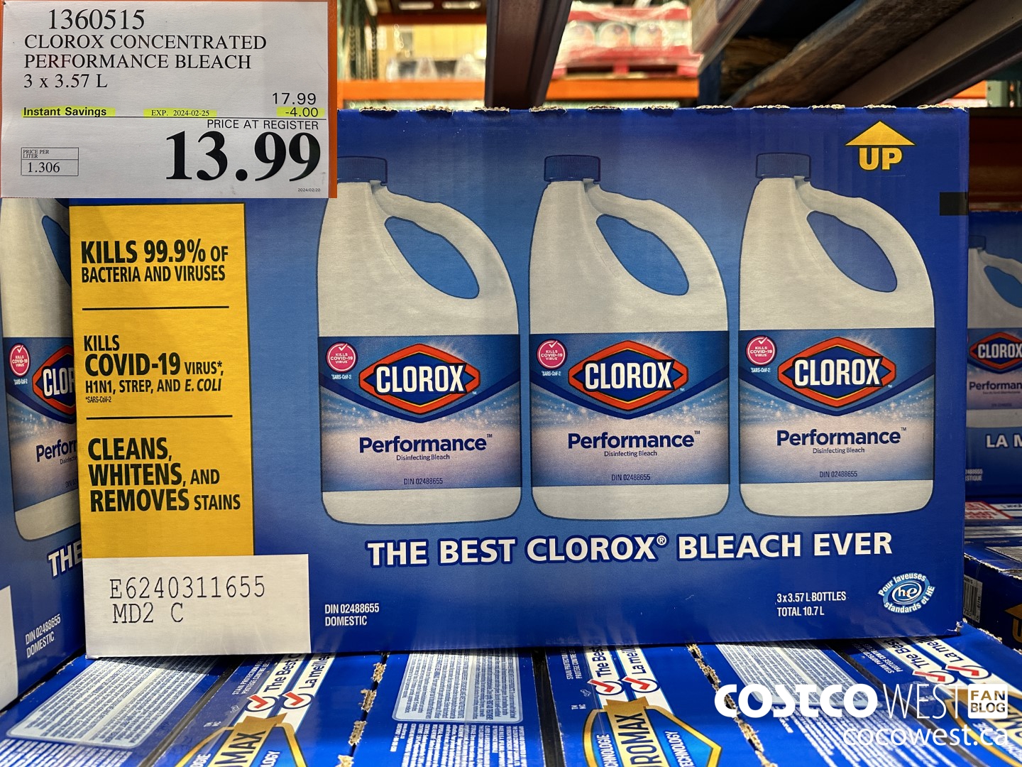1360515 CLOROX CONCENTRATED PERFORMANCE BLEACH 3 x 3.57 L ($4.00 INSTANT SAVINGS EXPIRES ON 2024-02-25) $13.99