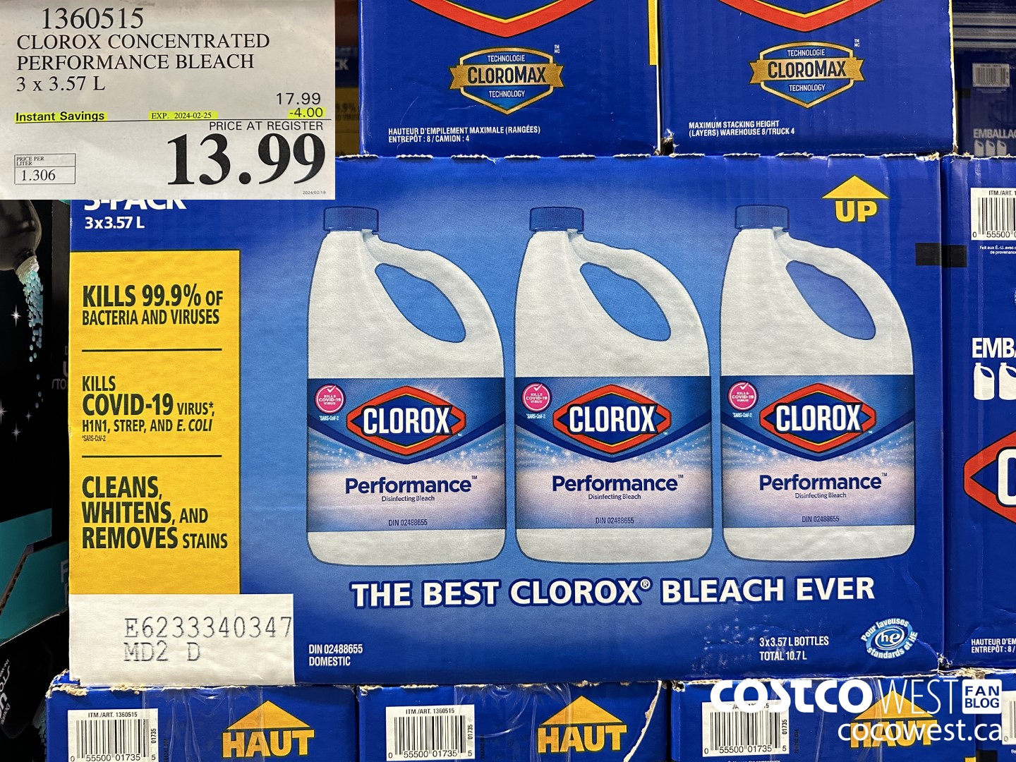 1360515 CLOROX CONCENTRATED PERFORMANCE BLEACH 3 x 3.57 L ($4.00 INSTANT SAVINGS EXPIRES ON 2024-02-25) $13.99