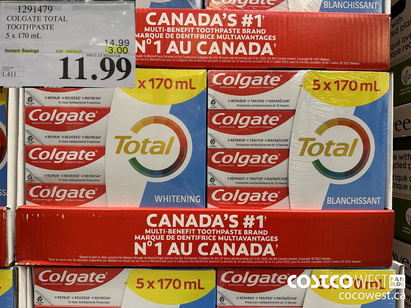 1291479 COLGATE TOTAL TOOTHPASTE 5 x 170 mL ($3.00 INSTANT SAVINGS EXPIRES ON 2024-02-25) $11.99