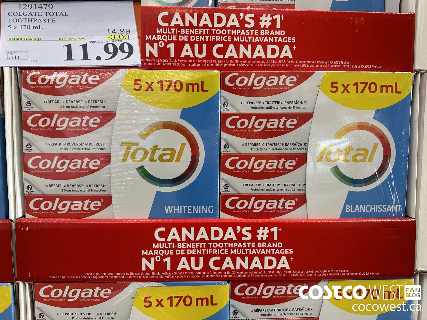 1291479 COLGATE TOTAL TOOTHPASTE 5 x 170 mL ($3.00 INSTANT SAVINGS EXPIRES ON 2024-02-25) $11.99