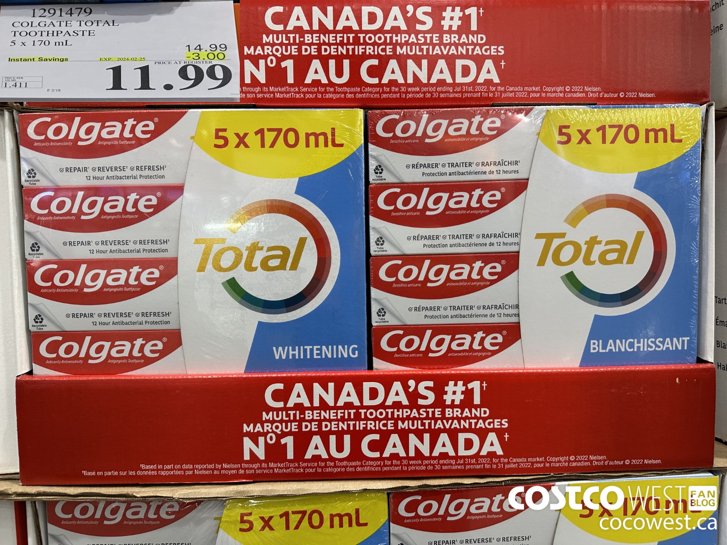 1291479 COLGATE TOTAL TOOTHPASTE 5 x 170 mL ($3.00 INSTANT SAVINGS EXPIRES ON 2024-02-25) $11.99