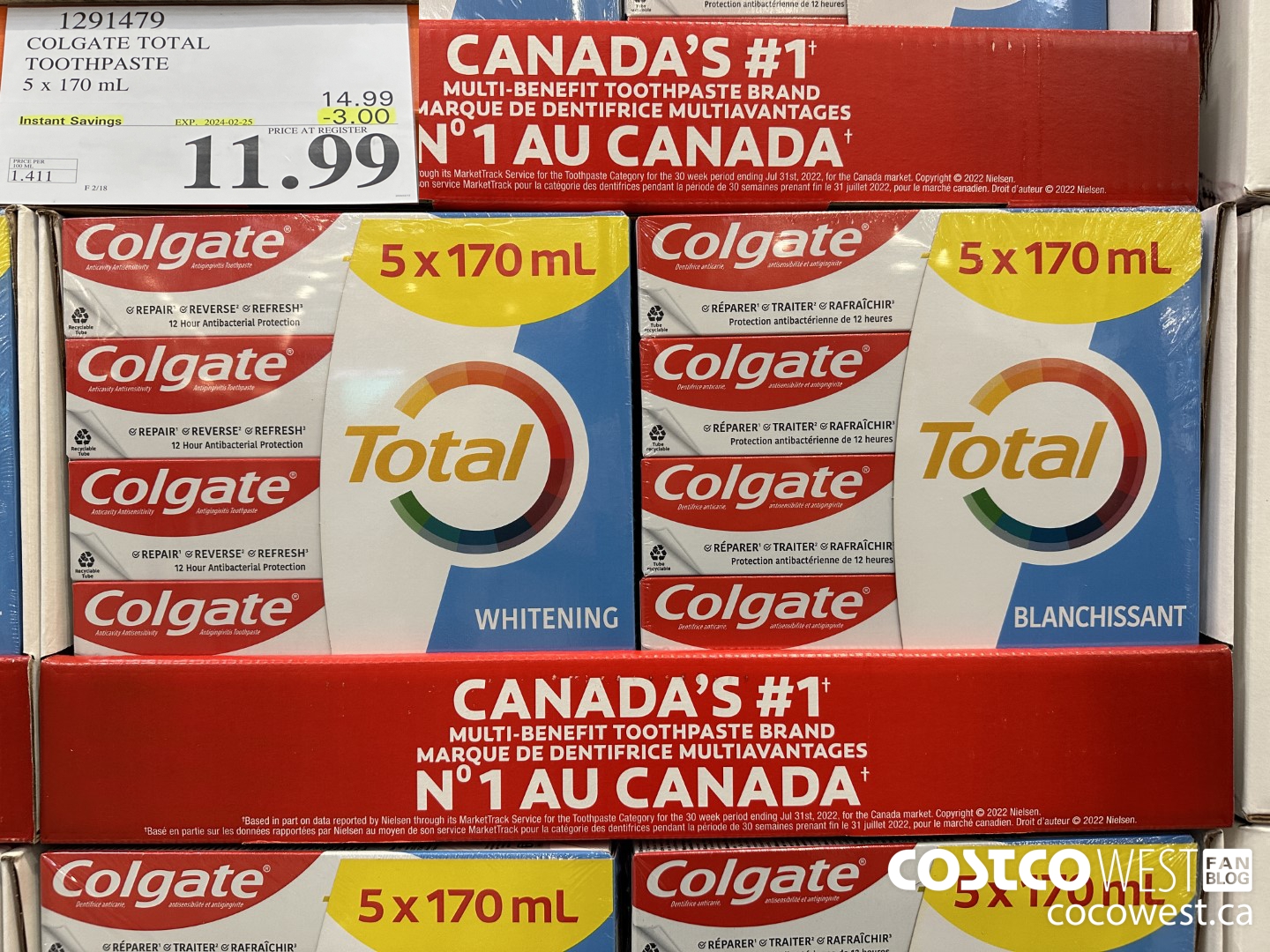 1291479 COLGATE TOTAL TOOTHPASTE 5 x 170 mL ($3.00 INSTANT SAVINGS EXPIRES ON 2024-02-25) $11.99