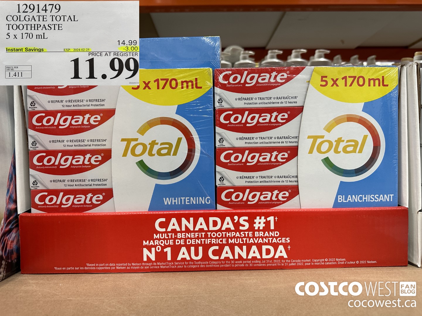 1291479 COLGATE TOTAL TOOTHPASTE 5 x 170 mL ($3.00 INSTANT SAVINGS EXPIRES ON 2024-02-25) $11.99