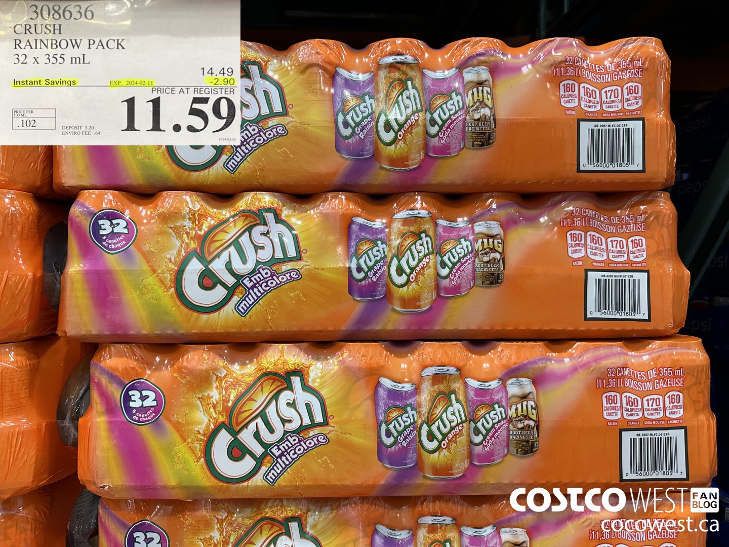 308636 CRUSH RAINBOW PACK 32 X 355 ML ($2.90 INSTANT SAVINGS EXPIRES ON 2024-02-11) $11.59