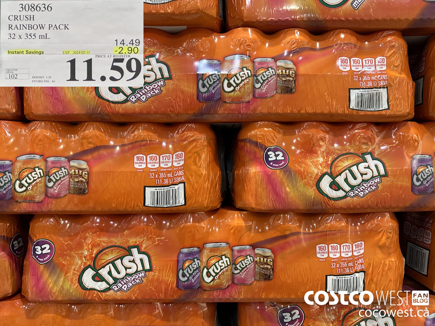 308636 CRUSH RAINBOW PACK 32 X 355 ML ($2.90 INSTANT SAVINGS EXPIRES ON 2024-02-11) $11.59
